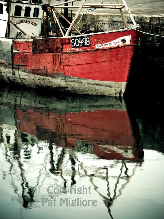 Fine Art Print Bright Red Rusty Boat Hull Carraig Bui Reflected in Water Alongside Dock in Wales fPOE