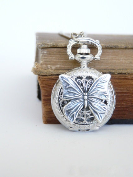 Butterfly Pocket Watch Locket Necklace - Silver Jewelry - Gift Present