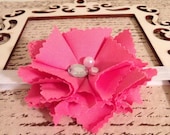 Rose pink large handmade fabric flower with pearl/rhinestone embellished center attached to clip/ infant elastic headband