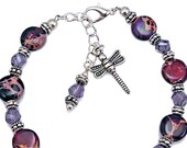 Purple Sea Sediment Jasper and Crystal, Dragonfly Charm Bracelet