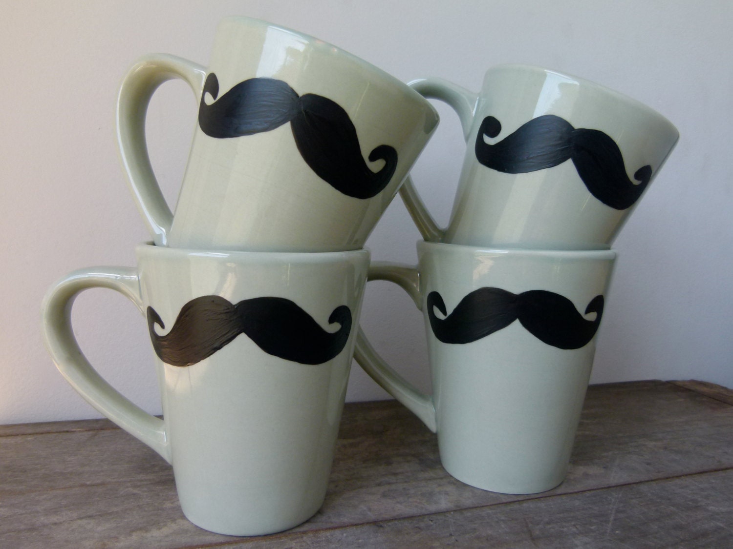 SUMMER SALE - Mustache Mugs, Set of Four Mugs, Sage Mustache Mugs, Coffee Mugs, Groomsmen Gift