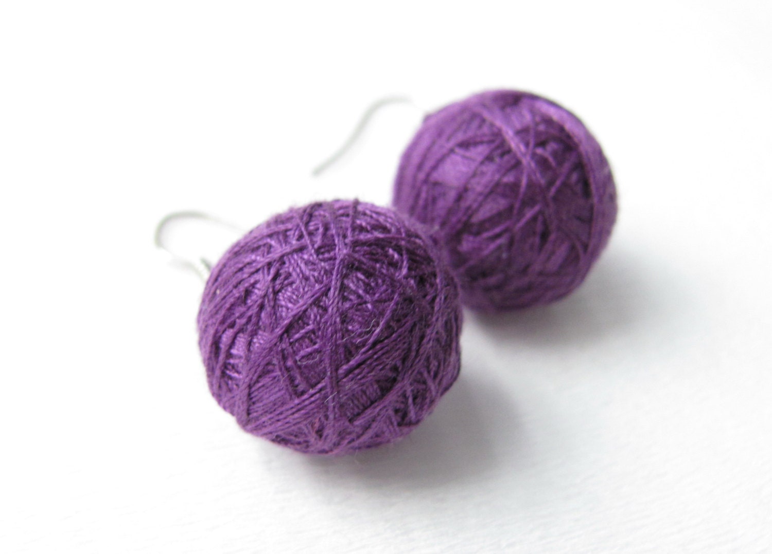 Handmade Unique Textile Purple Ball Earrings, Plum Yarn Wrap Dangle Ear, Round Fiber Wrapped Thread Violet Earrings