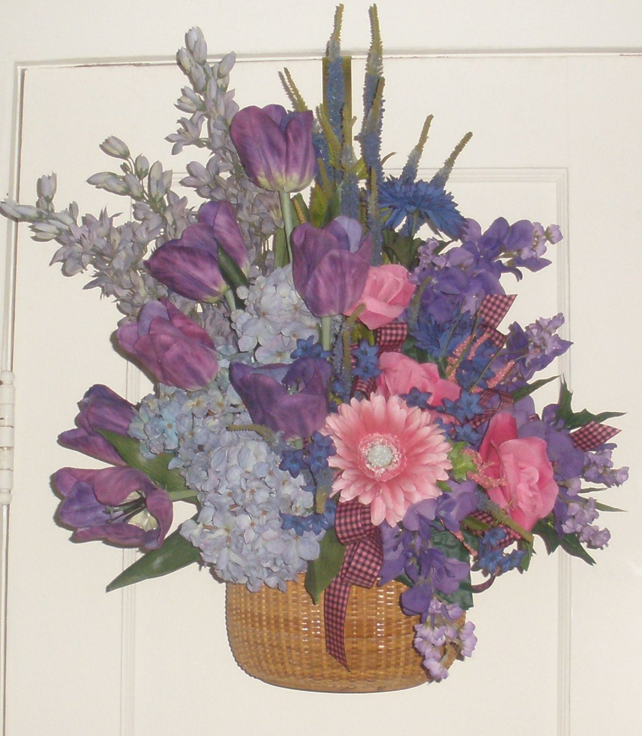 Beautiful Blues, Purples and Pink Silk Flowers in a Basket, Door/Wall hanging, Spring,Wedding floral arrangement