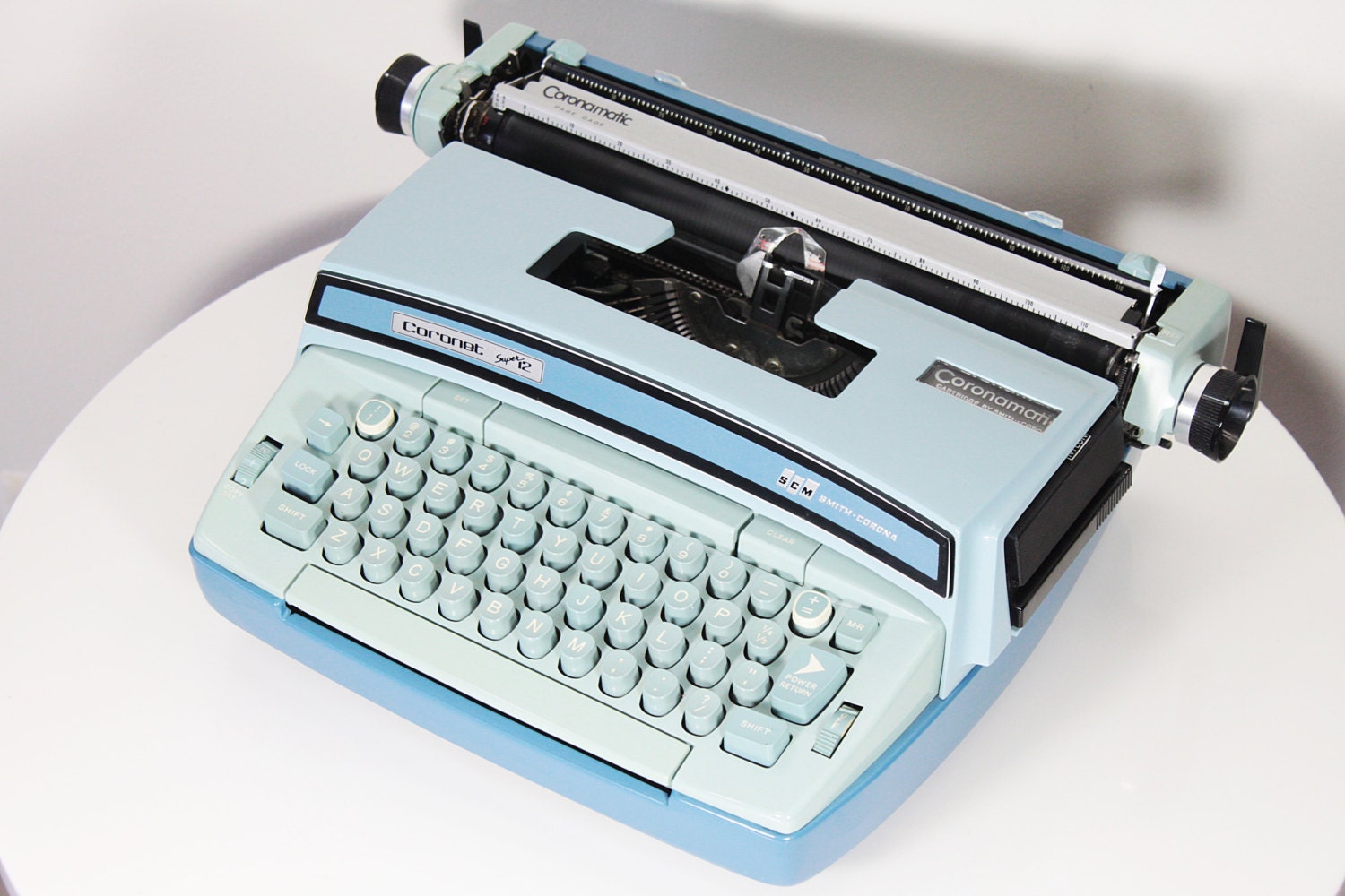 Vintage Smith Corona Blue Color Coronet Super 12 Electric Typewriter with Original Case