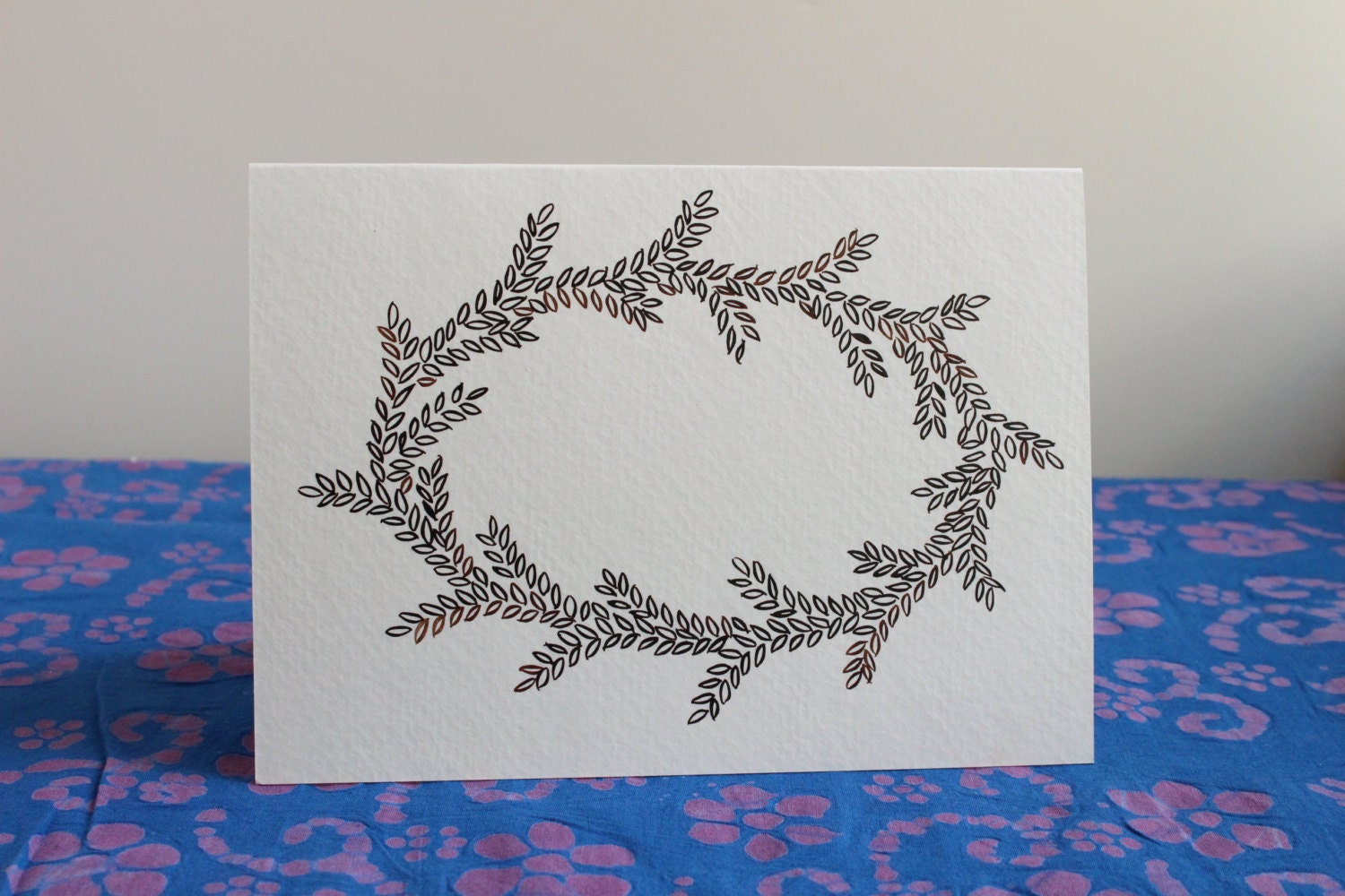 Personalized Greeting Card. 5x7 Hand Inked. One of A Kind. Wreath of Leaves Sepia Oval