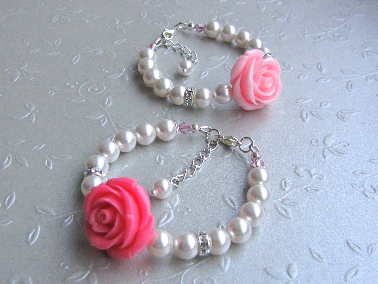 Flower Girl Baby Toddler Swarovski Pearl Bracelet Bridesmaid gifts Flower Girl Jewelry Wedding Girl White and Dark Pink Rose