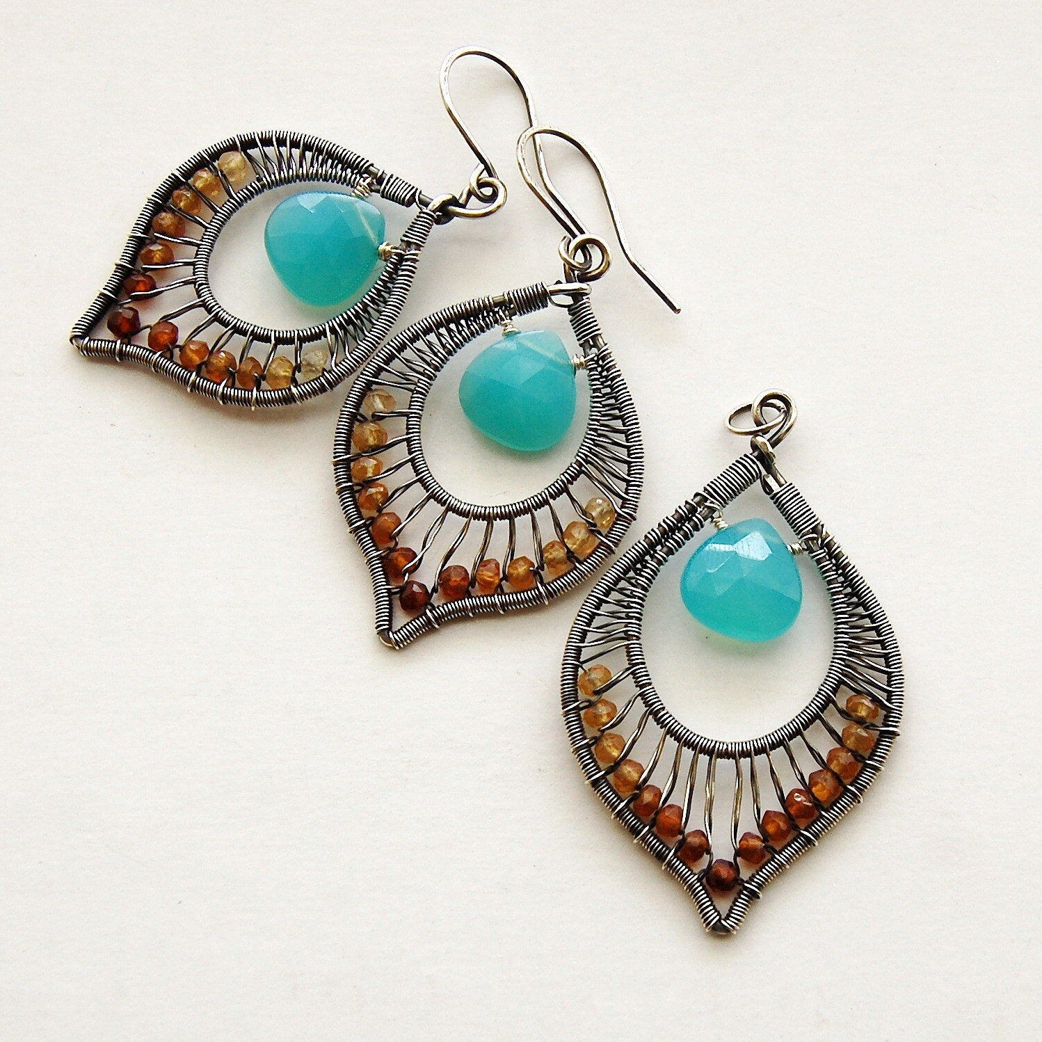 AAA Peruvian Blue Chalcedony and Hessonite Garnet Wire Wrapped Earrings and Pendant Set in Silver