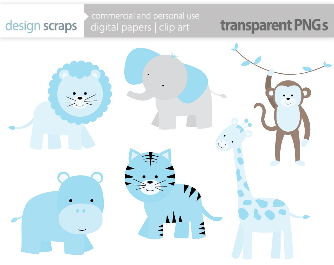 baby boy clip art, blue wild jungle safari zoo animals digital clipart lion giraffe monkey elephant commercial use - INSTANT DOWNLOAD