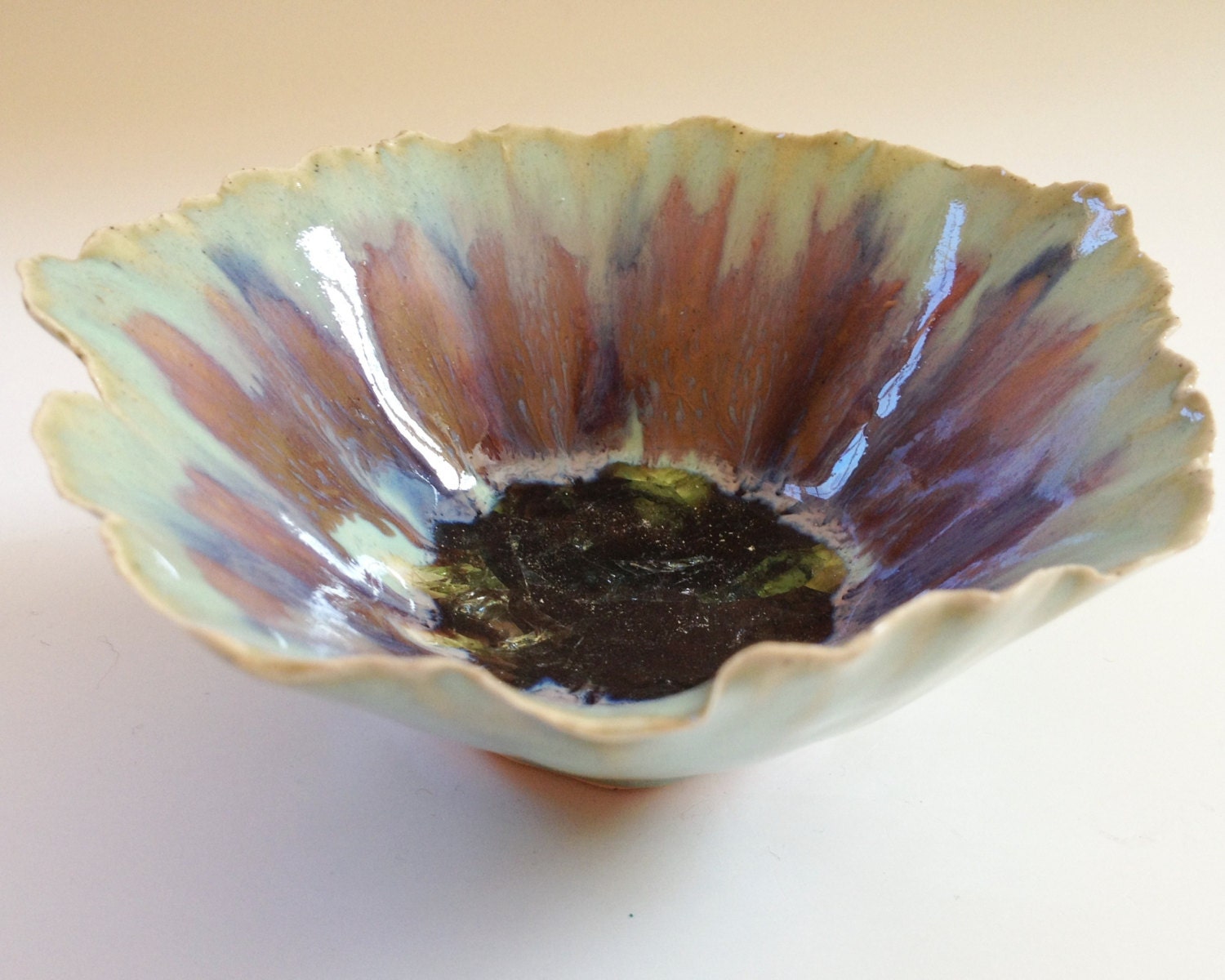 decorative bowl ceramic pottery purple blue green crackle glazed bottom hand pinched hand painted