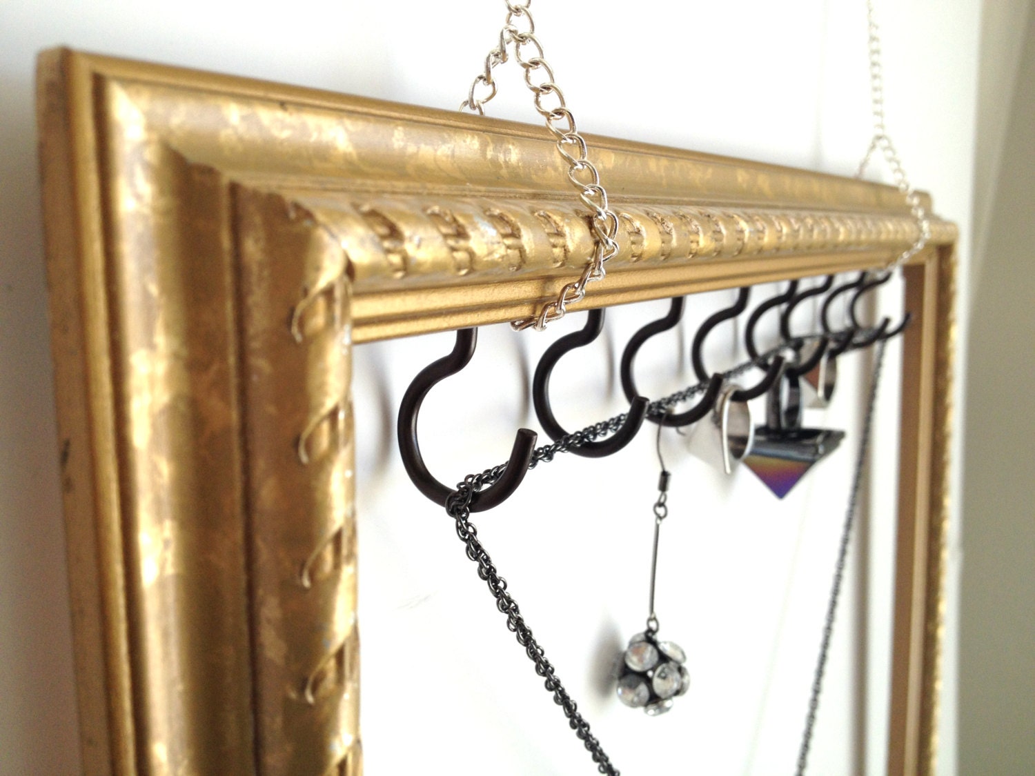 Gold Bronze Wood Jewelry Organizer Display Frame Upcycled and Repurposed