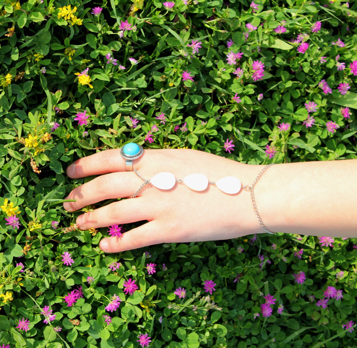 Mother of Pearl - Silver Slave Bracelet Hand Bracelet Piece Hand Jewelry Bridal Chain Hippie Bohemian Boho Wedding Beach 2013s Trend