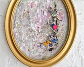 New Spring 16-3/4 x 13-3/4 Oval Original Mixed media Abstract 3D Texture paint Art with Frame  cottage Victorian  Neutral wall decor.