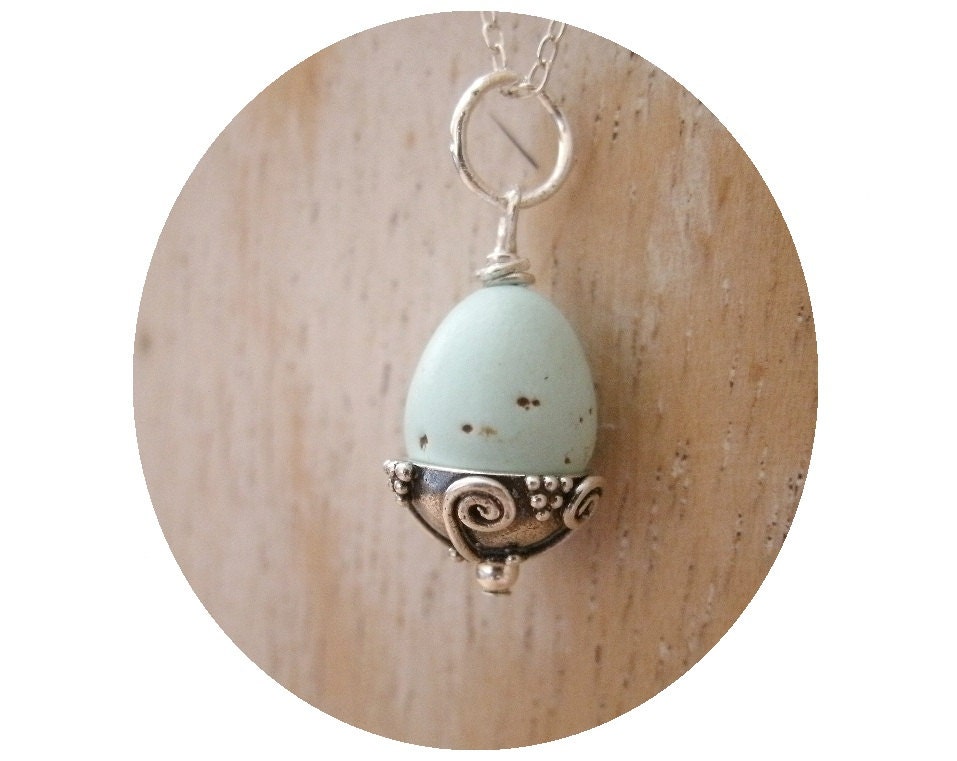 Bullfinch Birds Egg Necklace Pendant - Sterling Silver, Polymer Clay, Chain, Blue, Green