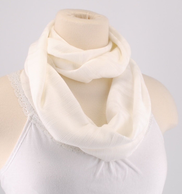 Infinity scarf Loop Circle Scarf Off White Cream Ribbed Jersey Cotton Knit women OOAK lightweight  Necklace by Fashion Designs 4U