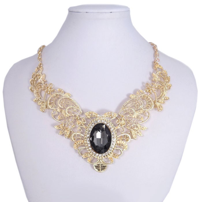 Fashion Black Oval Rhinestone Necklace Pendant, Gold Tone Statement Necklace, Swarovski Crystal Necklace Chain, Party Jewelry-129630586