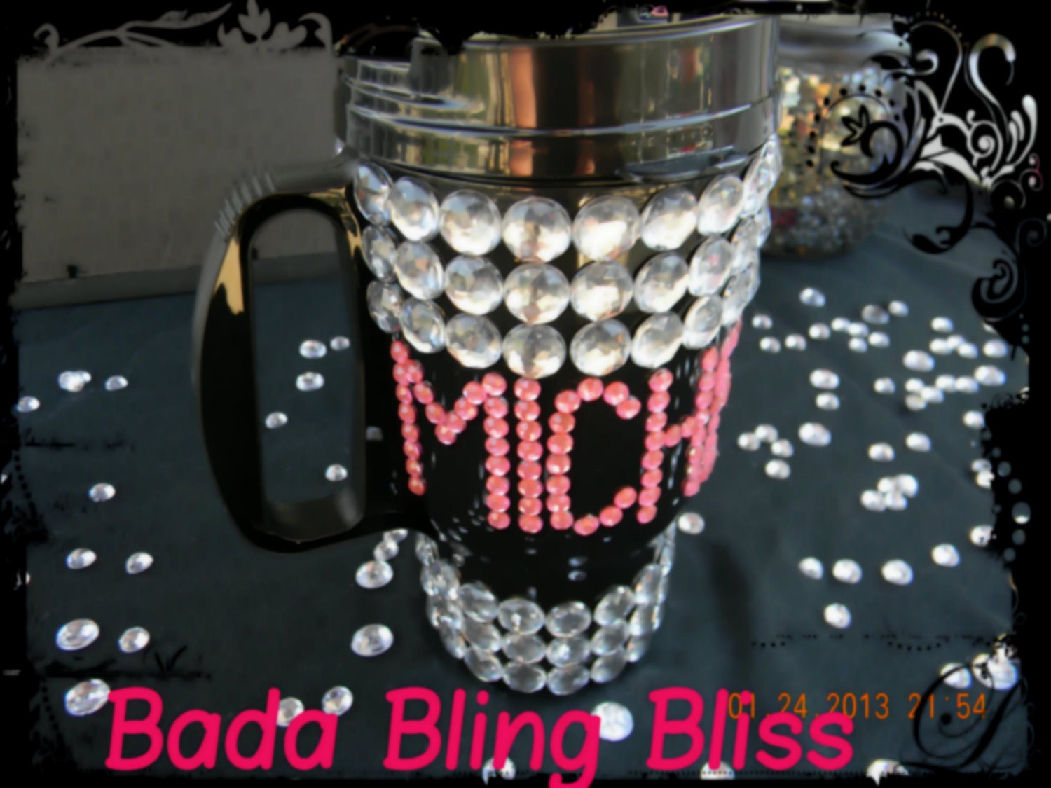 Bejeweled,Handmade, Blinged out Personalized Coffee or Beverage/ Travel Mug/Cup With Rhinestones/Crystals