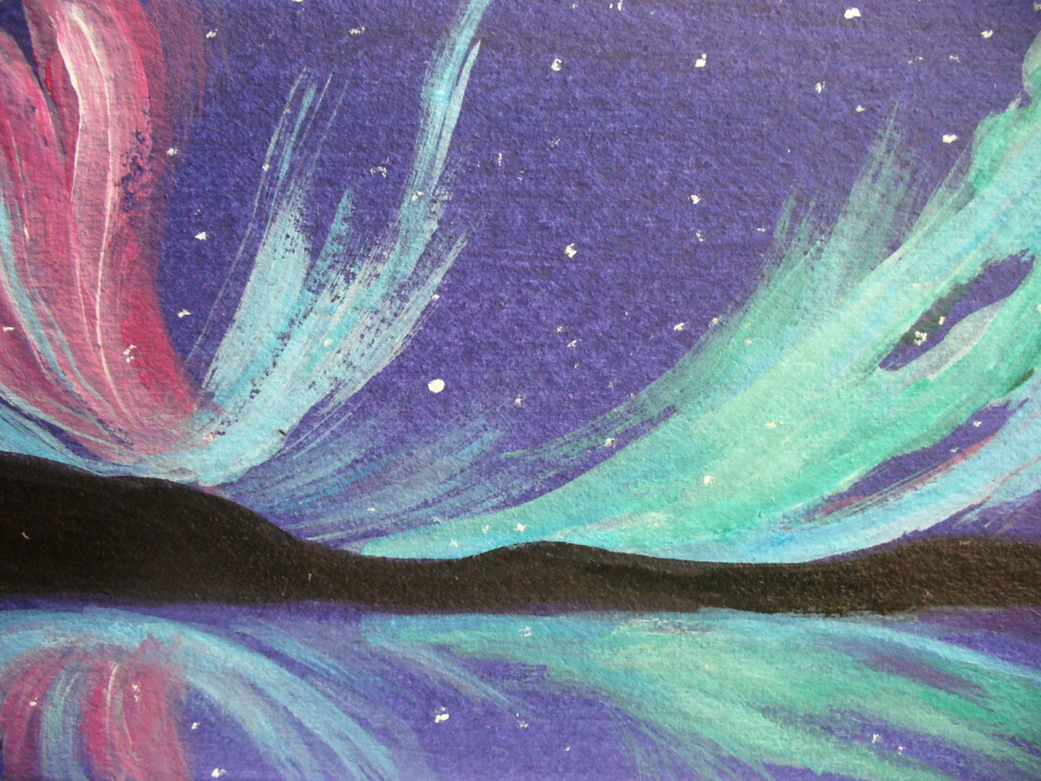 Northern Lights Lake Original Aceo Miniature Painting Landscape by Fay Fecteau