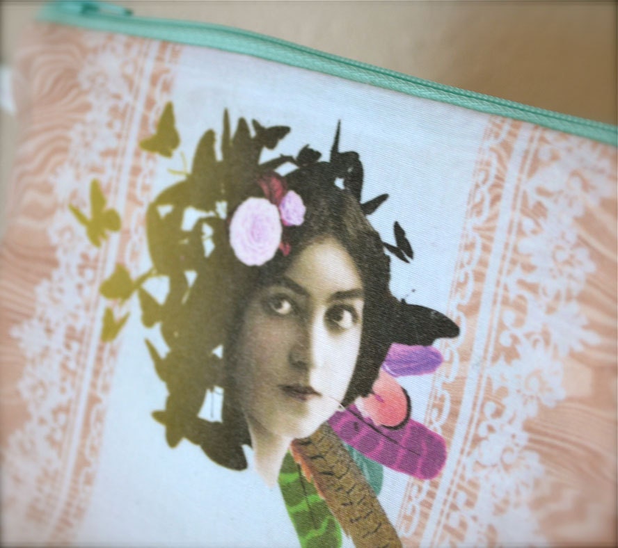 Nature Girl with white vinyl ... a LIGERMILK original.  canvas lined zipper pouch with loop blue zipper