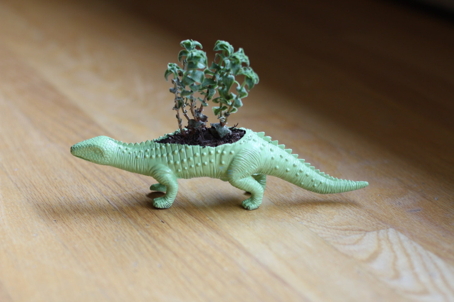 Spring Green Dinosaur Succulent Planter -- Handmade Using Upcycled Materials