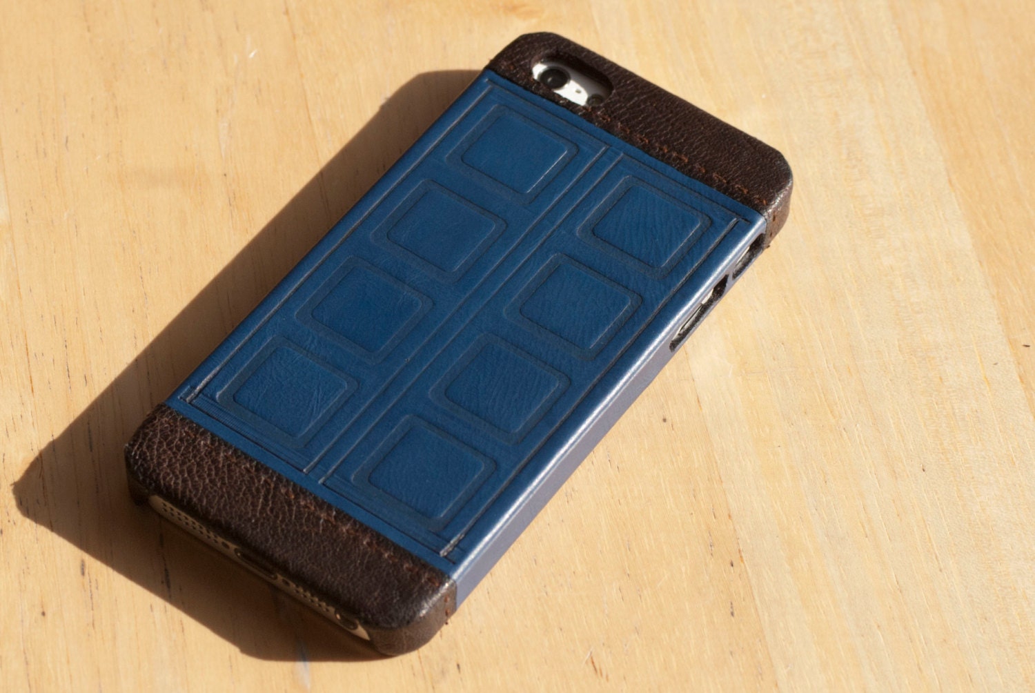 TARDIS iPhone case, River Song's Journal -- blue with brown leather accents