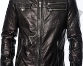Men handmade Black slim biker leather jacket with tab collar and front zipper