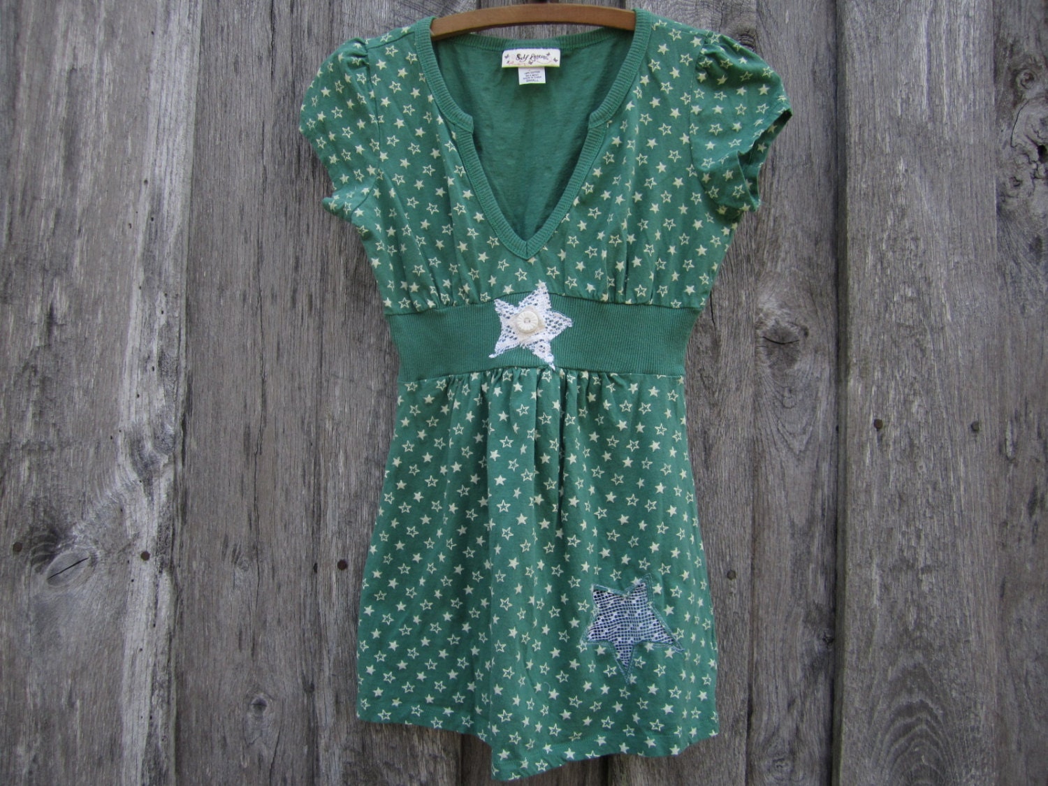 SALE - Small - Medium Upcycled Short-sleeved Baby Doll Top Boho Tee Vintage Lace Peekaboo