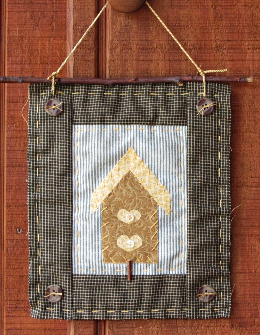 Small Wall Hanging Birdhouses & Buttons Quilted Textile Art Green and Blue