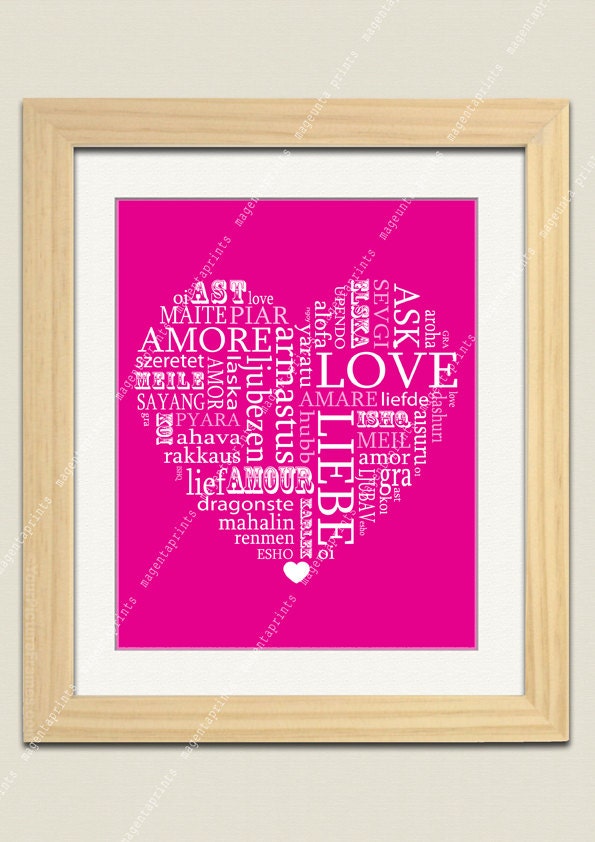 LOVE WORDS HEART - how to say Love in every language pink  typographic A4 print 8x10" Magentaprints 7
