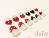 Designer Red / Black Hearts with Eyes Inspired Cute Short Stiletto False Nail Set