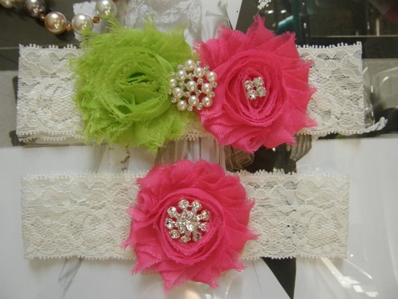 Garter / Wedding Garters / Lace Garter / Lime Green / Hot Pink / Bridal Garter Set / Bridal Garter / Toss Garter / Vintage Inspired