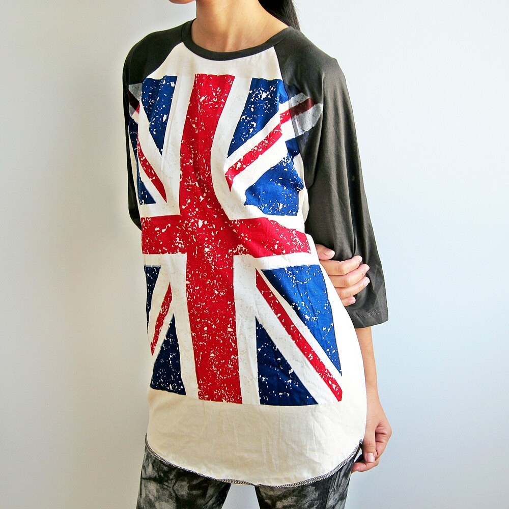 Union Jack UK British Flag Baseball Raglan Tshirt Long Sleeve Men Women T Shirt Size M