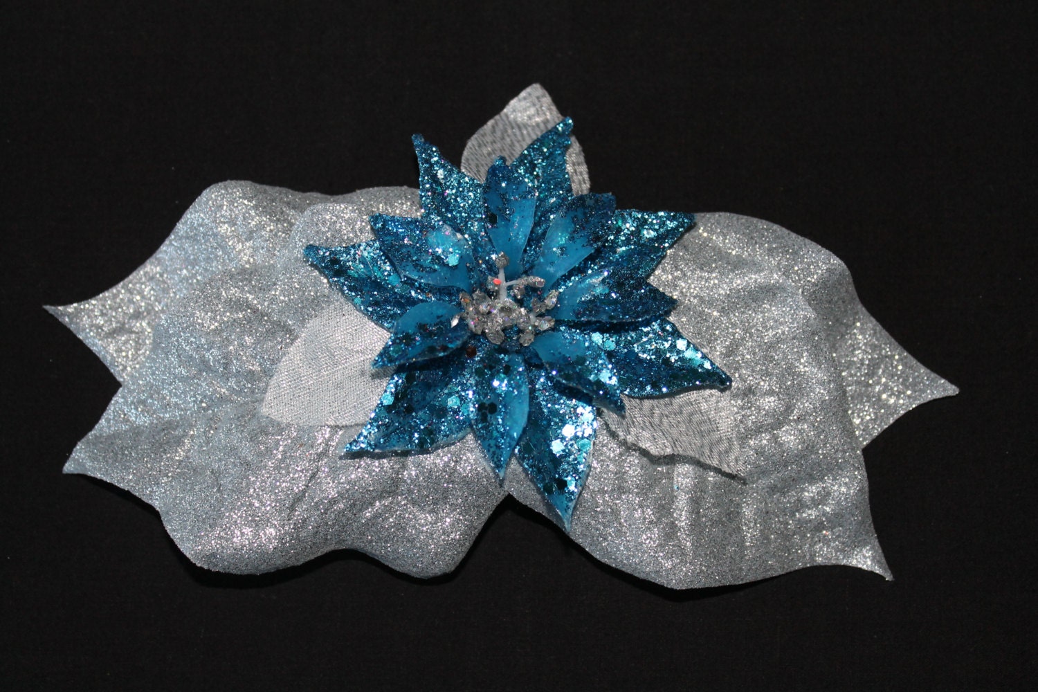 Large Silver Blue Glitter Flower Clip