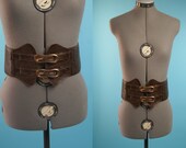 Vintage Designer Copper Tone Buckles Steampunk Brown Leather Corset Victorian Waist Cincher LARP Kidney Gladiator Southwestern Belt