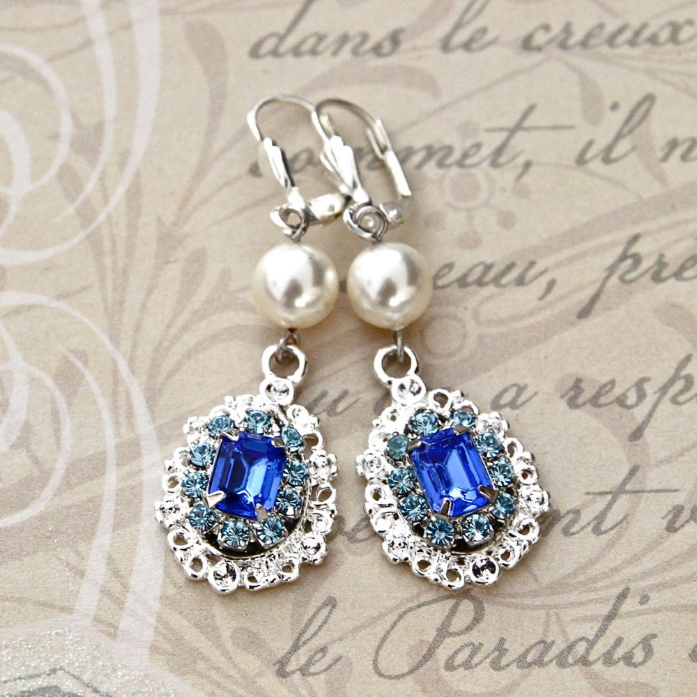 Blue Bridal Earrings Vintage Style Wedding Jewelry Bridesmaid Earrings Swarovski Crystal Earrings Swarovski Pearl Earrings