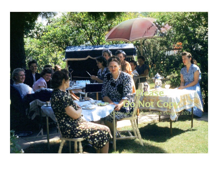 1940s Garden Party, Baby Shower Vintage Photograph, 1950s, Tea Party Ladies Picnic with Vintage Furniture and clothing Mid Century Modern