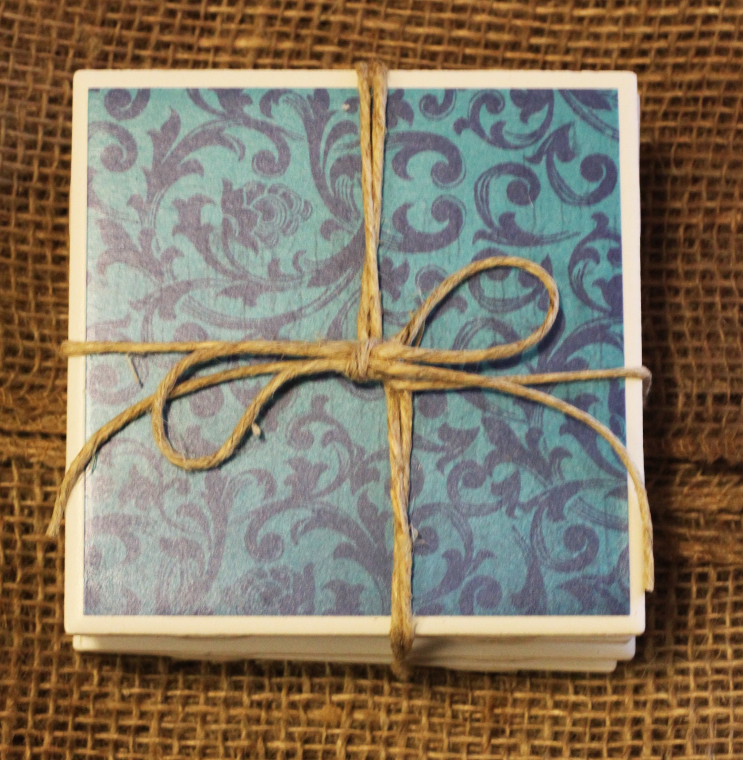Set of 4 Decorative Ceramic Coasters - Blue Swirls