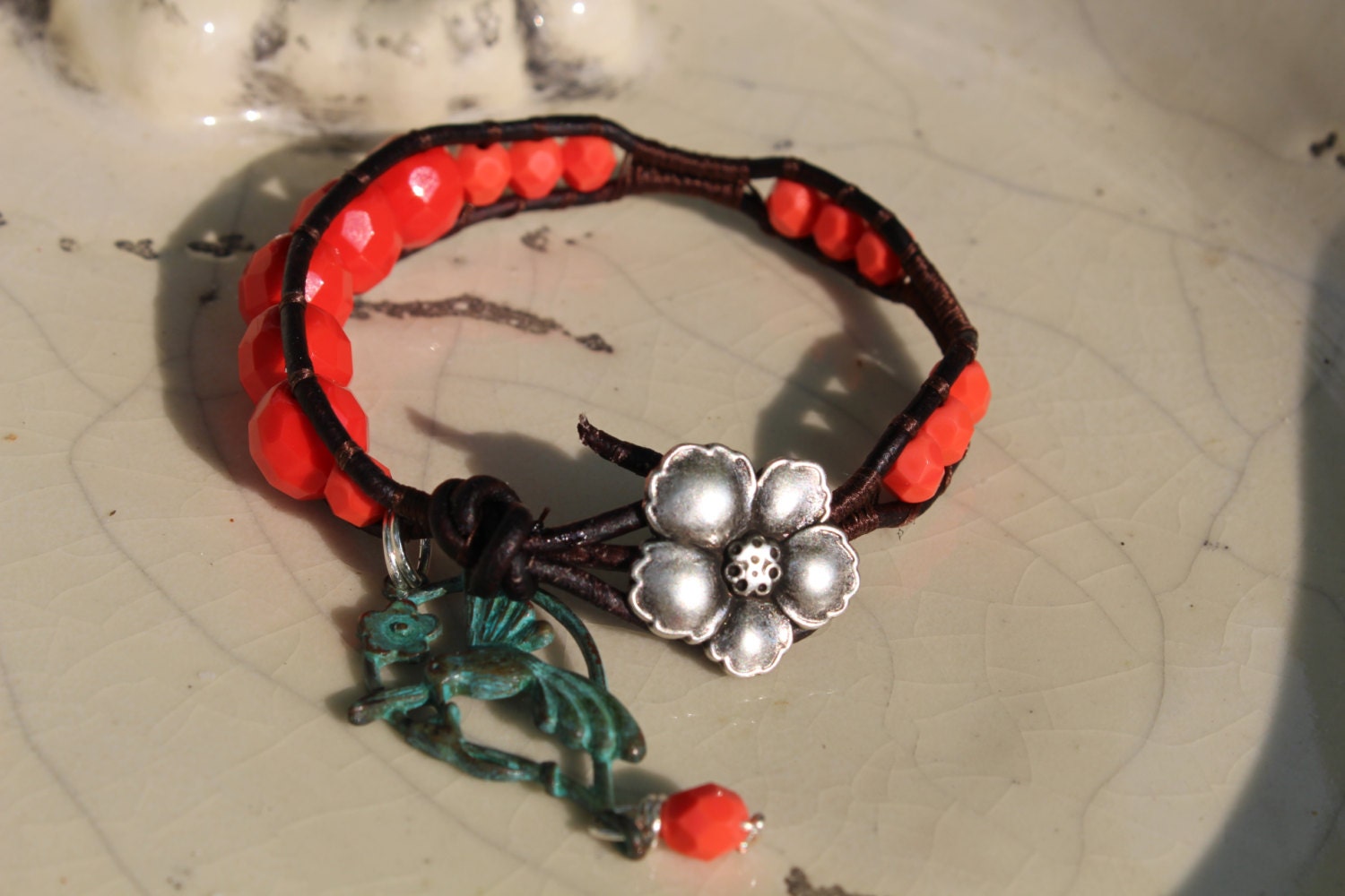 Coral Leather Wrap Bracelet - Antique Brown Leather - Hibiscus Silver Metal Button - Patina Green Hummingbird Charm