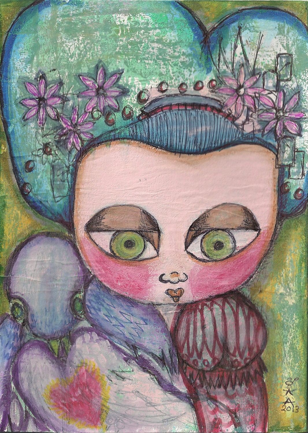 A5 Print, The Princess and the last Heart Pigeon, flowers, kimono,red,