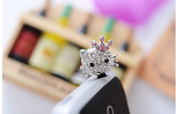 Cute crystal iPhone Plug . Phone Charm . silver pink cat Phone Plug .pink Crown Dust Plug  iPhone Decoration,Kawaii, Lovely, Girly