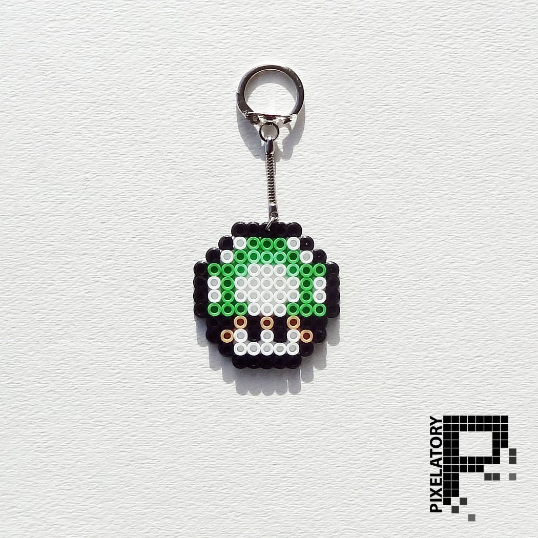 Green Super Mario Mushroom Perler Bead Sprite Keychain