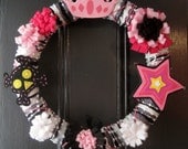 Handmade Yarn Wreath with felt flowers - Girl Wants to Rock- Baby - Nursery- Girl's Room - Pink, White, Black, Grey