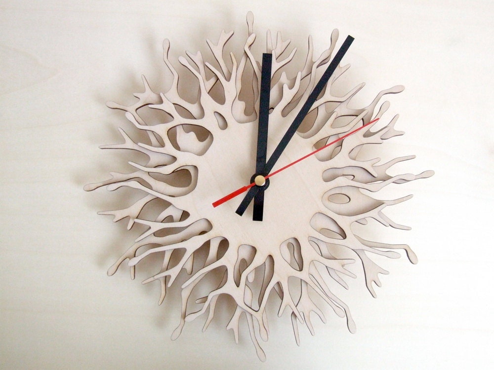 Modern wall clock - Coral branch Clock - laser cut wood -  tree branch unique