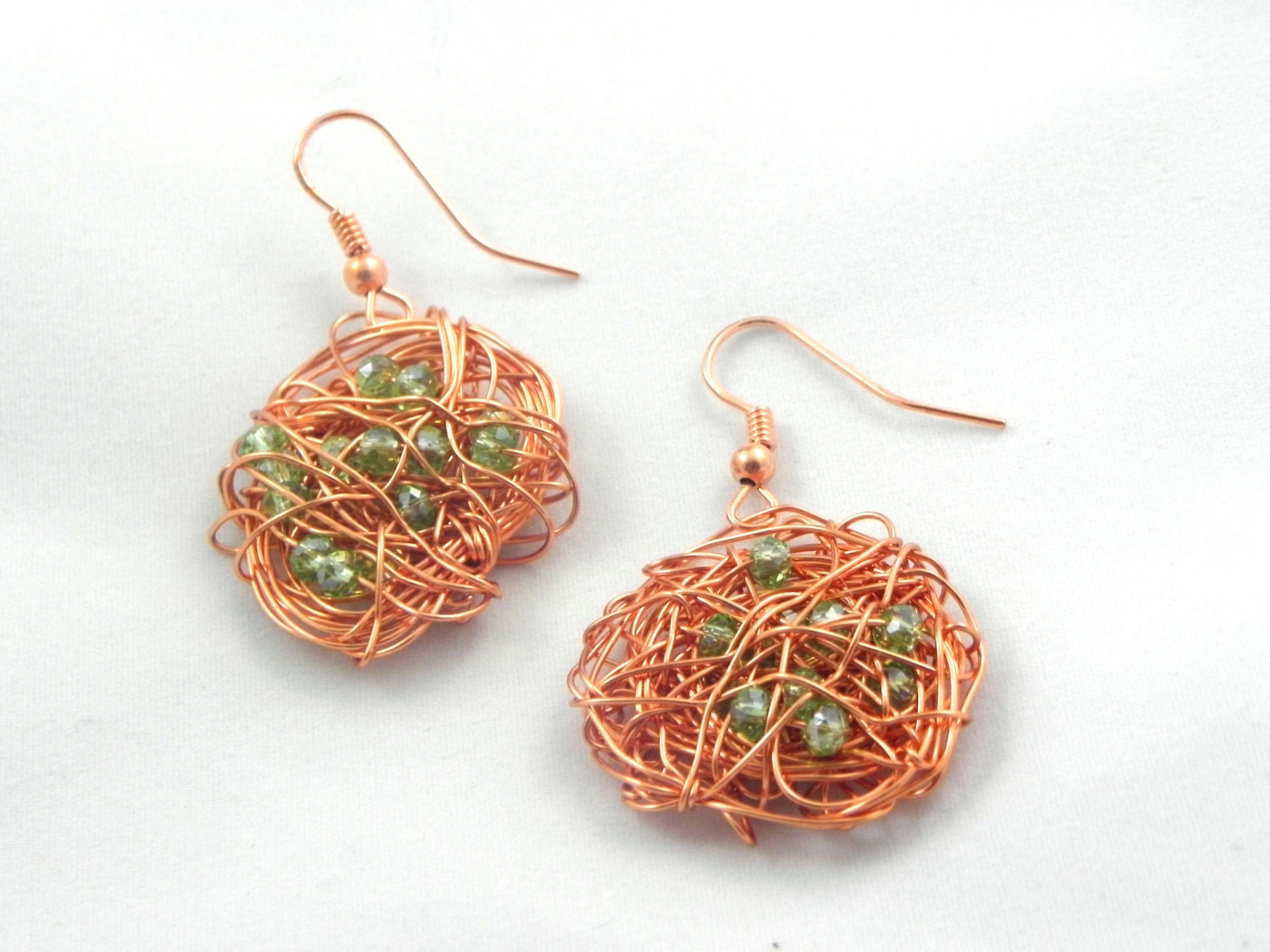 copper wire wrapped earring with mint green glass bead detail, bird nest earring, rose gold earring - MyALaModeBoutique