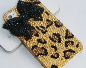 Sparkly iphone case, gold rhinestone Leopard with black bling swarovski bow cute iphone 4s case iphone 5 case. custom samsung galaxy s3 case