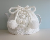 Elegant Tea Cozy PDF Pattern for a 2-Cup Teapot - White Lace Bobbles Pompoms I-cord