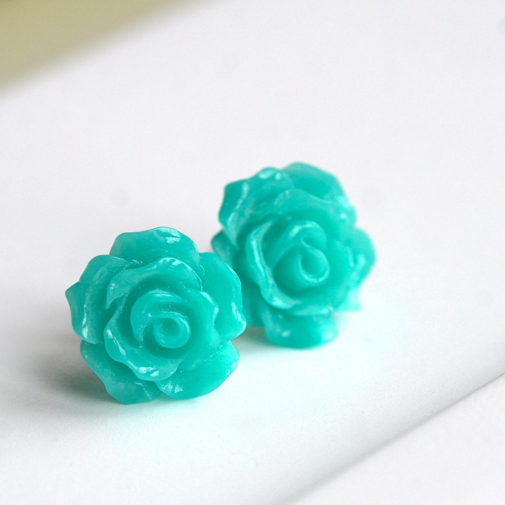 Handmade flower earrings, rose, sterling silver, dark teal, resin flower cabochon, flower studs, post earring, Petite Mimi Jewelry