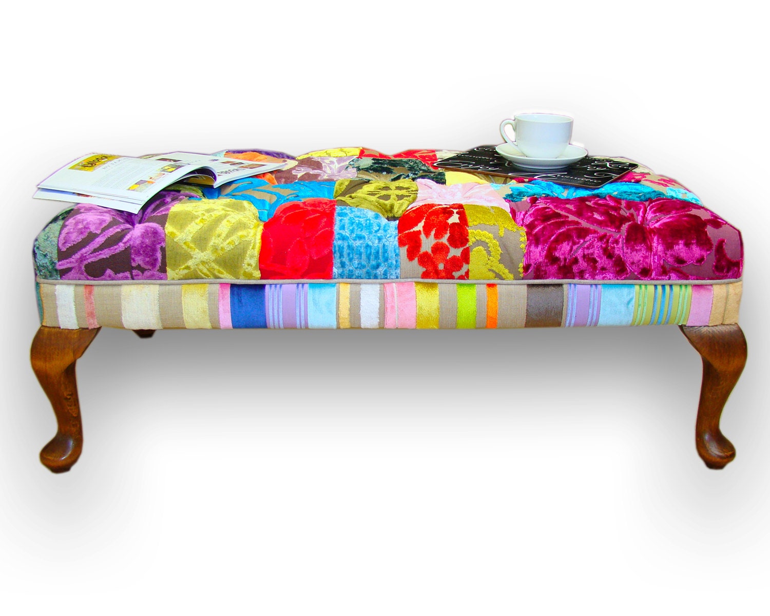 Patchwork footstool/coffee table deep buttoned in Designers Guild velvets