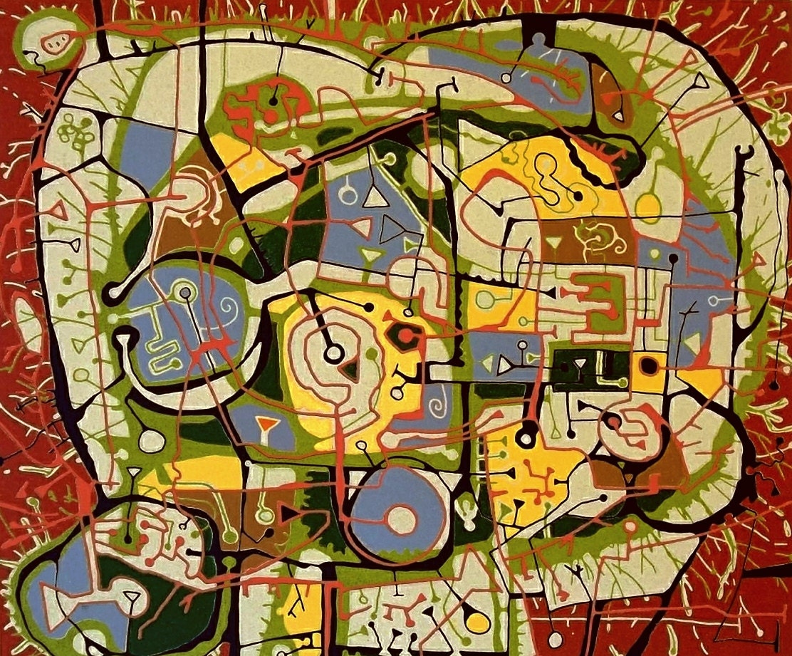 Kinvolution:  7 color handmade reduction woodcut print, limited edition of 7