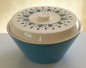 Vintage old ceramic lidded serving bowl with blue leaf and flower design