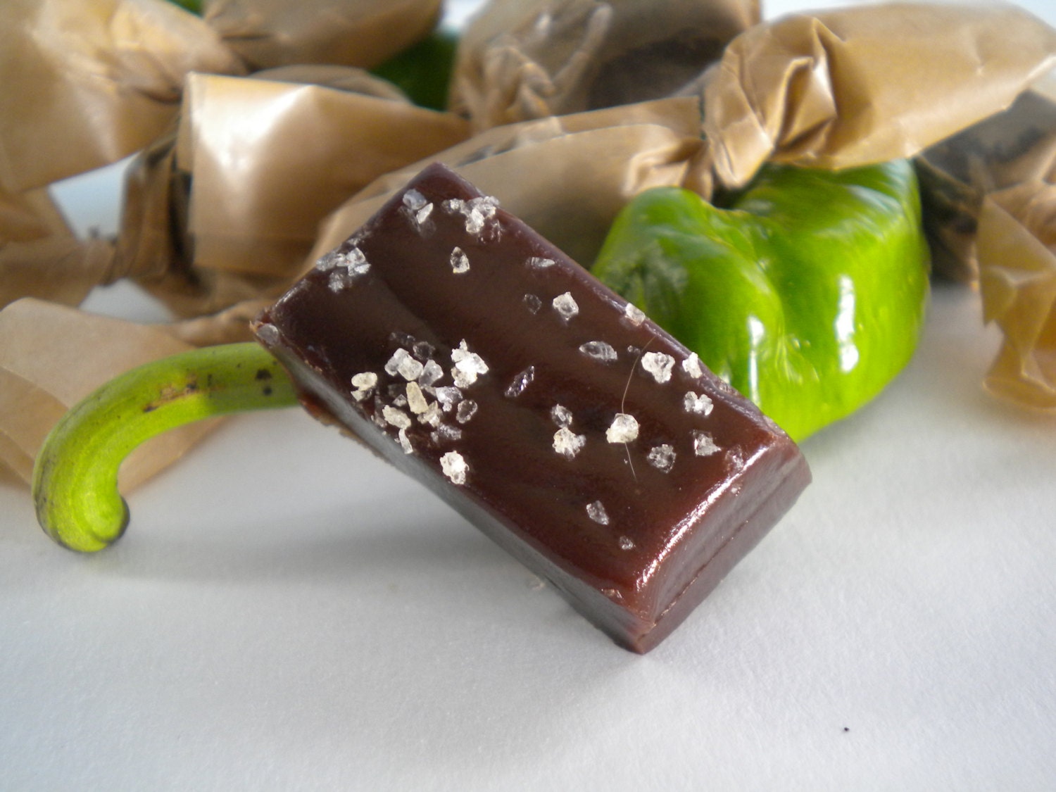 Organic Chocolate Green Chili Salted Caramels - Half pound